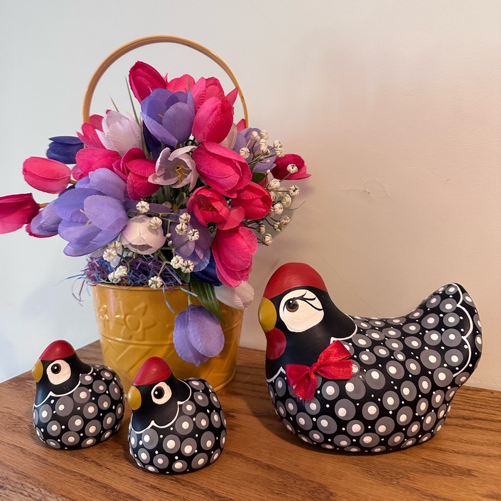 Guinea Ceramic Country Hen and Chicks - Handmade and painted Kitchen Decor, Coun